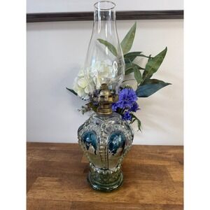 Vintage Uranium Glass Oil Lamp Glows Green UV Panelled Base Farmhouse Decor